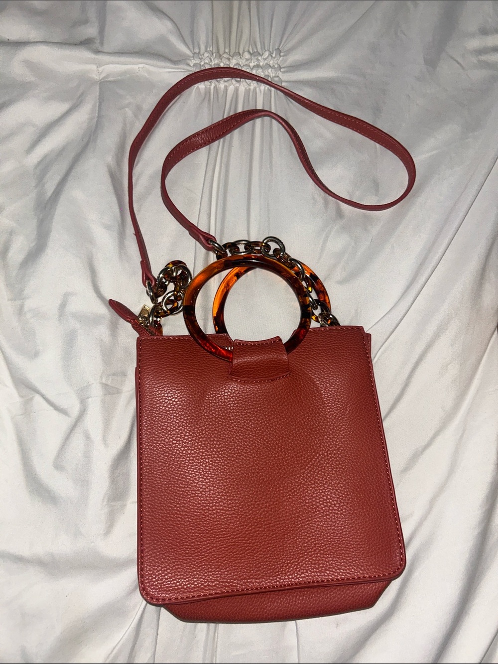 Red Pebbled Leather Shoulder Bag with Tortoiseshell Ring Handles